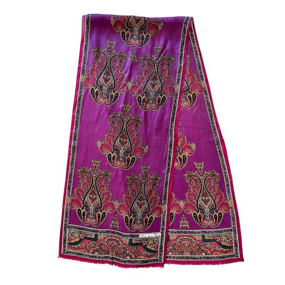Vintage Oscar de la Renta Paisley Jewel-Tone Printed Silk Long Fringe Scarf - Picture 1 of 7